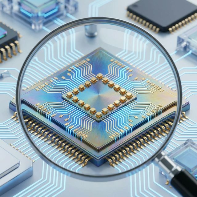 Macro shot of a high-tech quantum processor chip, iridescent gold and silver pathways, glowing blue energy pulses traveling through circuits, dark crystalline background, depth of field, futuristic engineering, no people