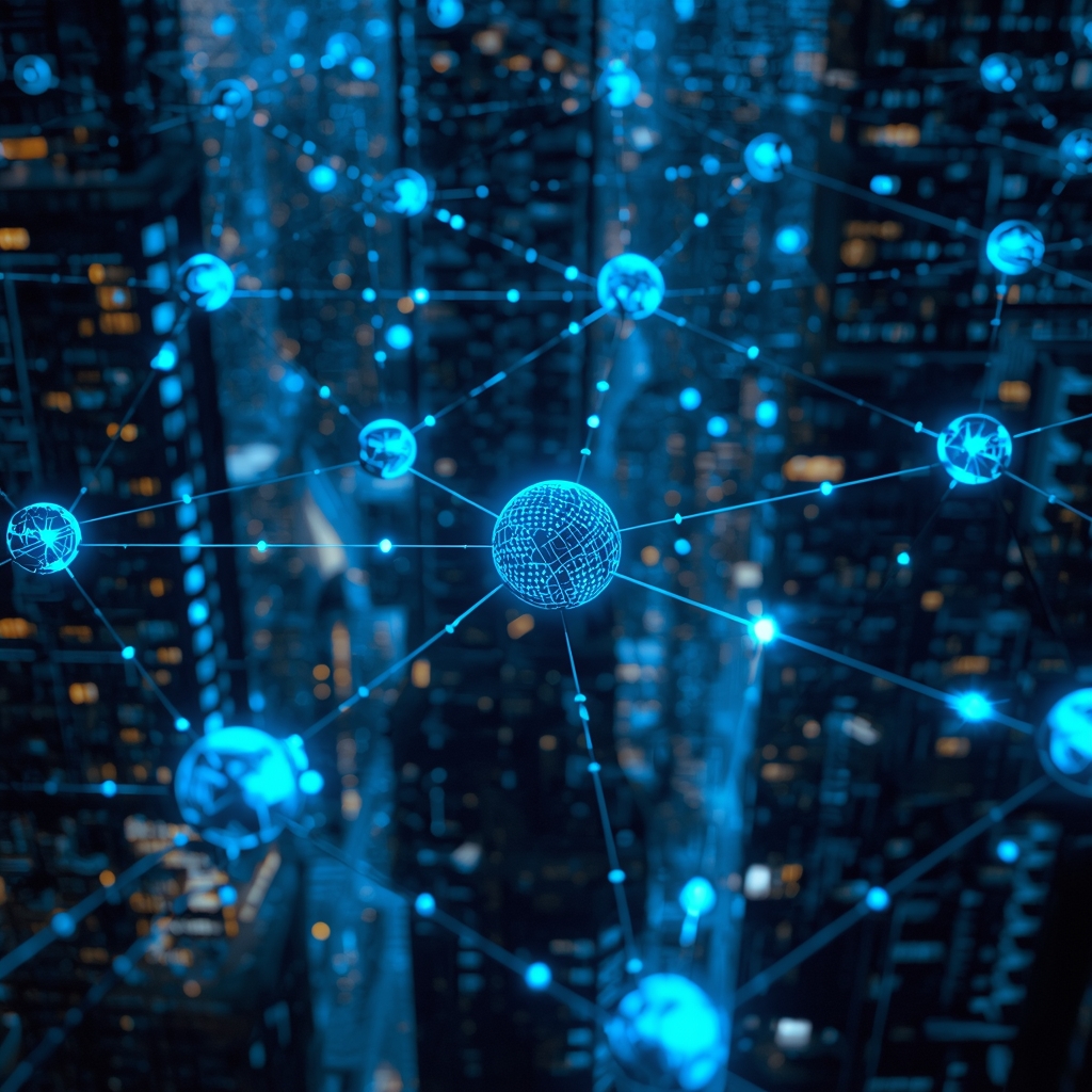 A network of edge computing nodes in a futuristic city, glowing blue orbs connected by light beams, abstract digital architecture, night time setting, cyber-tech style, high contrast, no people