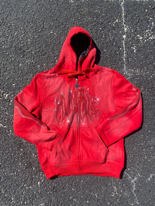 Red Rhinestone Zip Up Hoodie